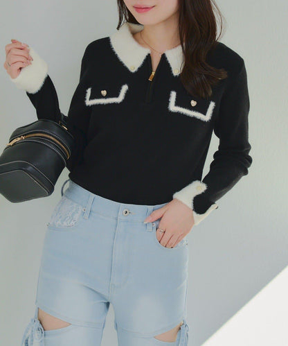 拼色羽毛半拉鍊針織衫