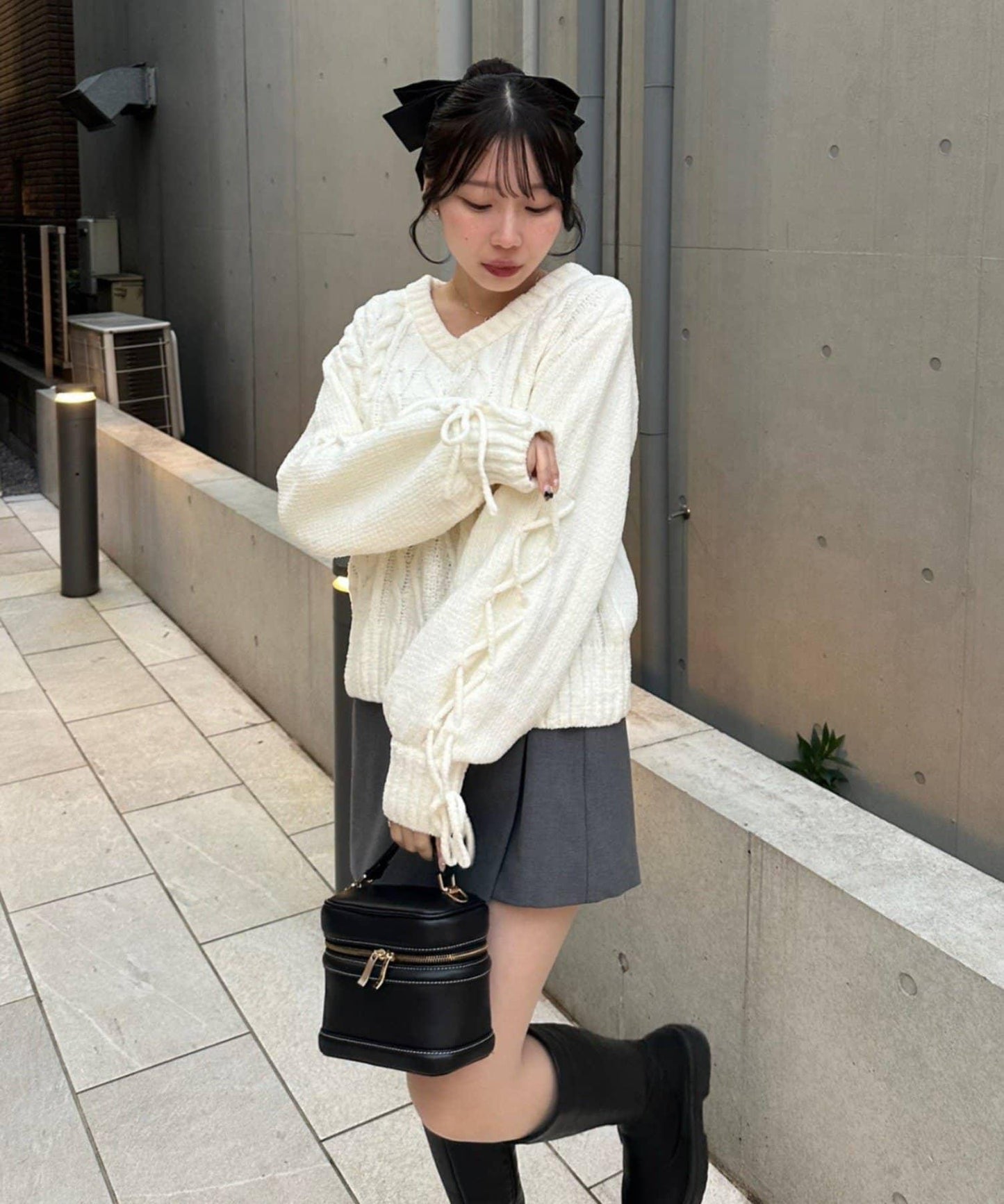 繫帶花邊麻花針織衫