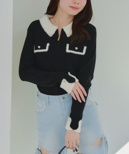 拼色羽毛半拉鍊針織衫