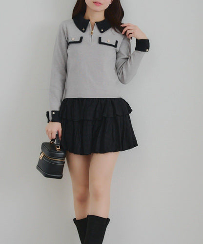 拼色羽毛半拉鍊針織衫