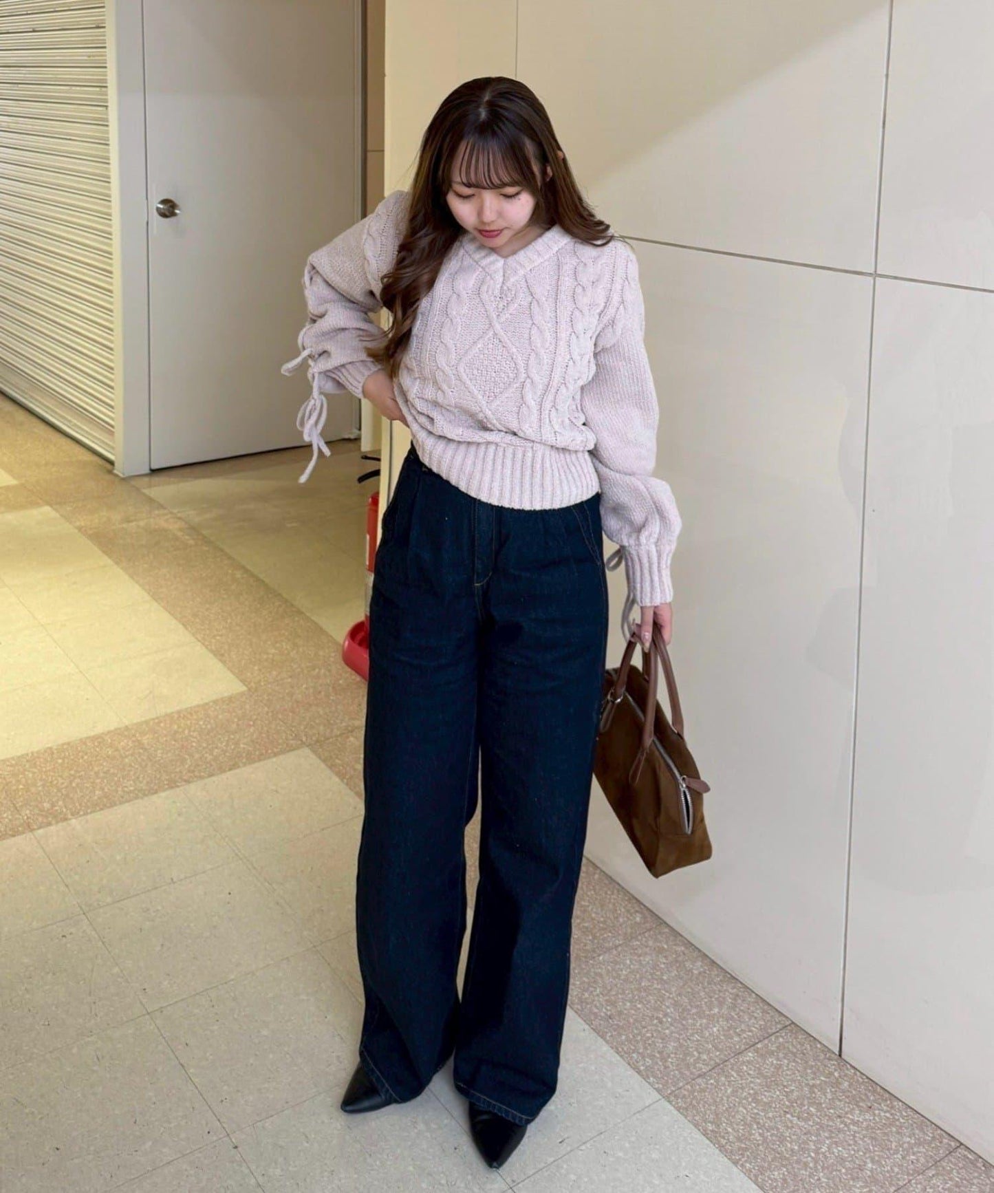 繫帶花邊麻花針織衫