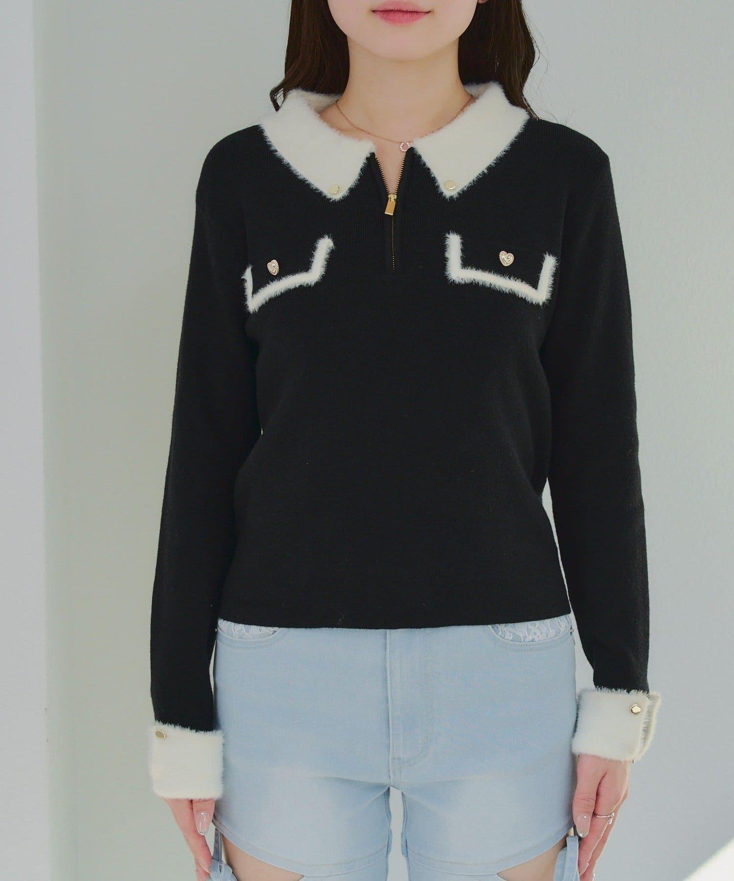 拼色羽毛半拉鍊針織衫