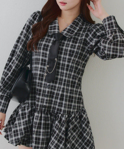 帶領帶下襬泡泡袖迷你連衣裙