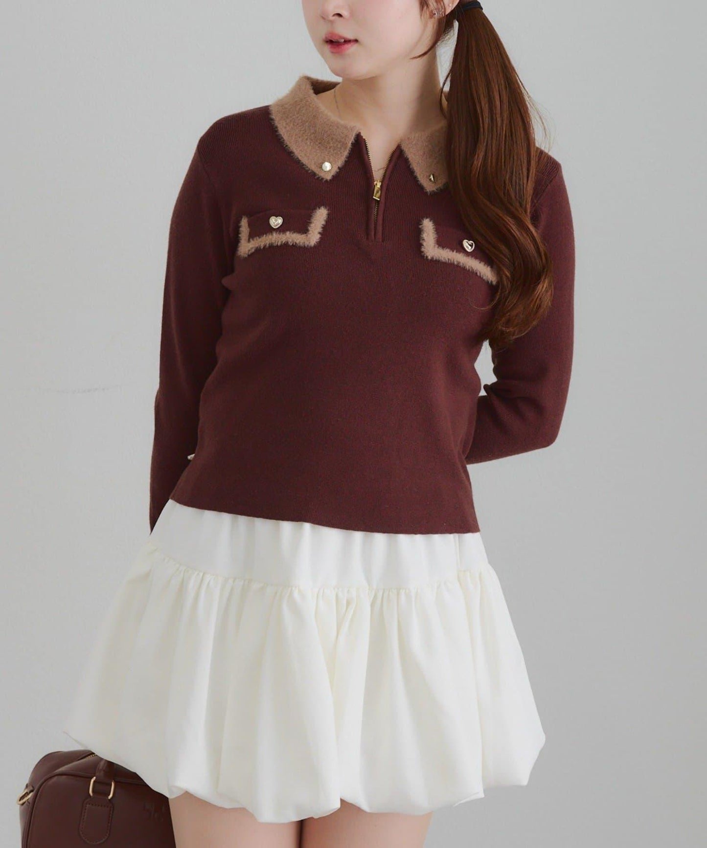 拼色羽毛半拉鍊針織衫