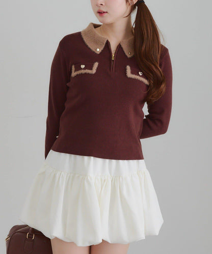 拼色羽毛半拉鍊針織衫