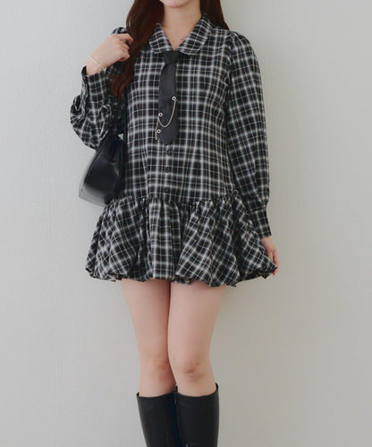 帶領帶下襬泡泡袖迷你連衣裙