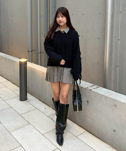 繫帶花邊麻花針織衫