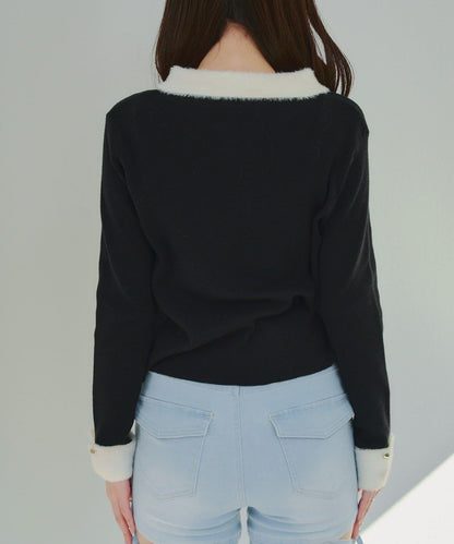 拼色羽毛半拉鍊針織衫