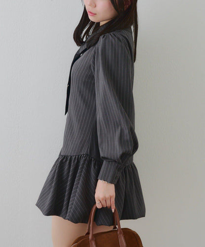 帶領帶下襬泡泡袖迷你連衣裙