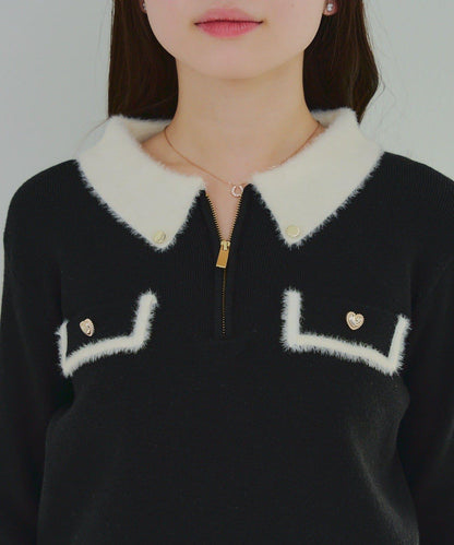 拼色羽毛半拉鍊針織衫