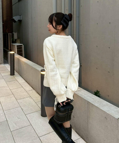 繫帶花邊麻花針織衫