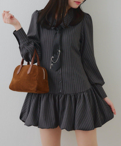 帶領帶下襬泡泡袖迷你連衣裙