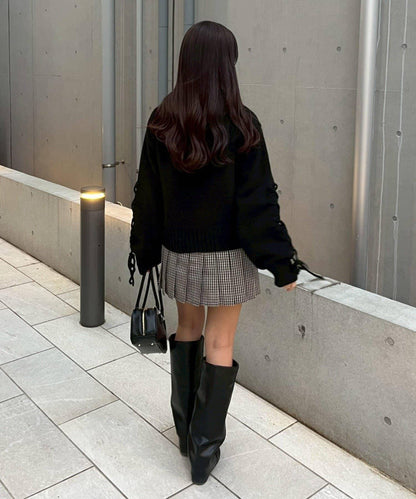 繫帶花邊麻花針織衫