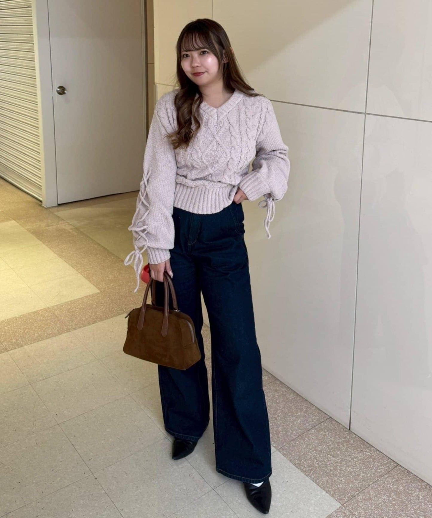 繫帶花邊麻花針織衫