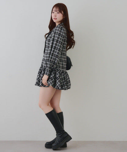 帶領帶下襬泡泡袖迷你連衣裙