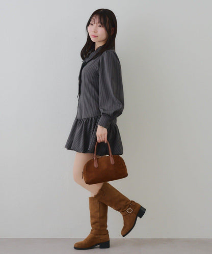 帶領帶下襬泡泡袖迷你連衣裙