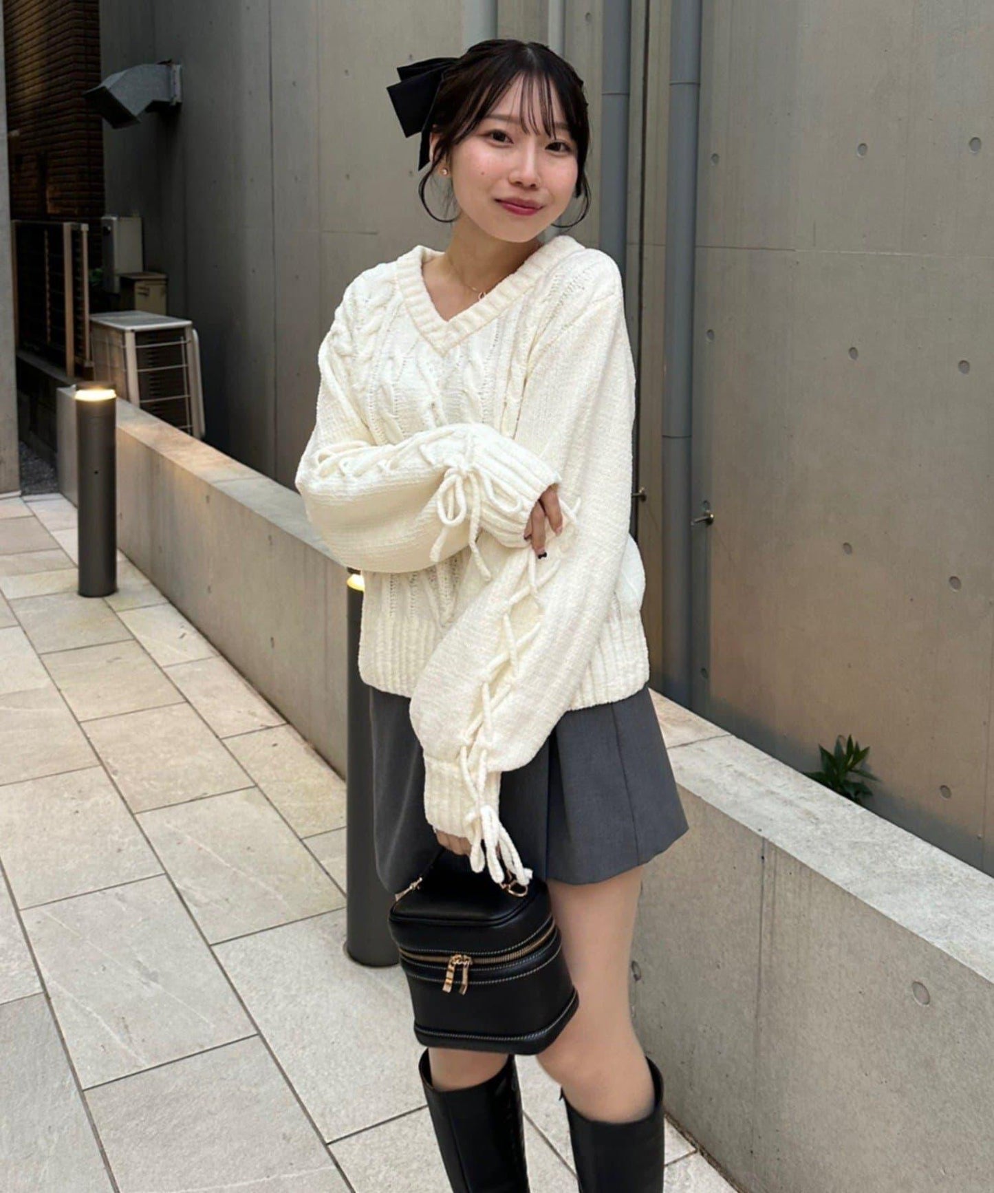 繫帶花邊麻花針織衫