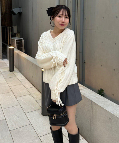 繫帶花邊麻花針織衫