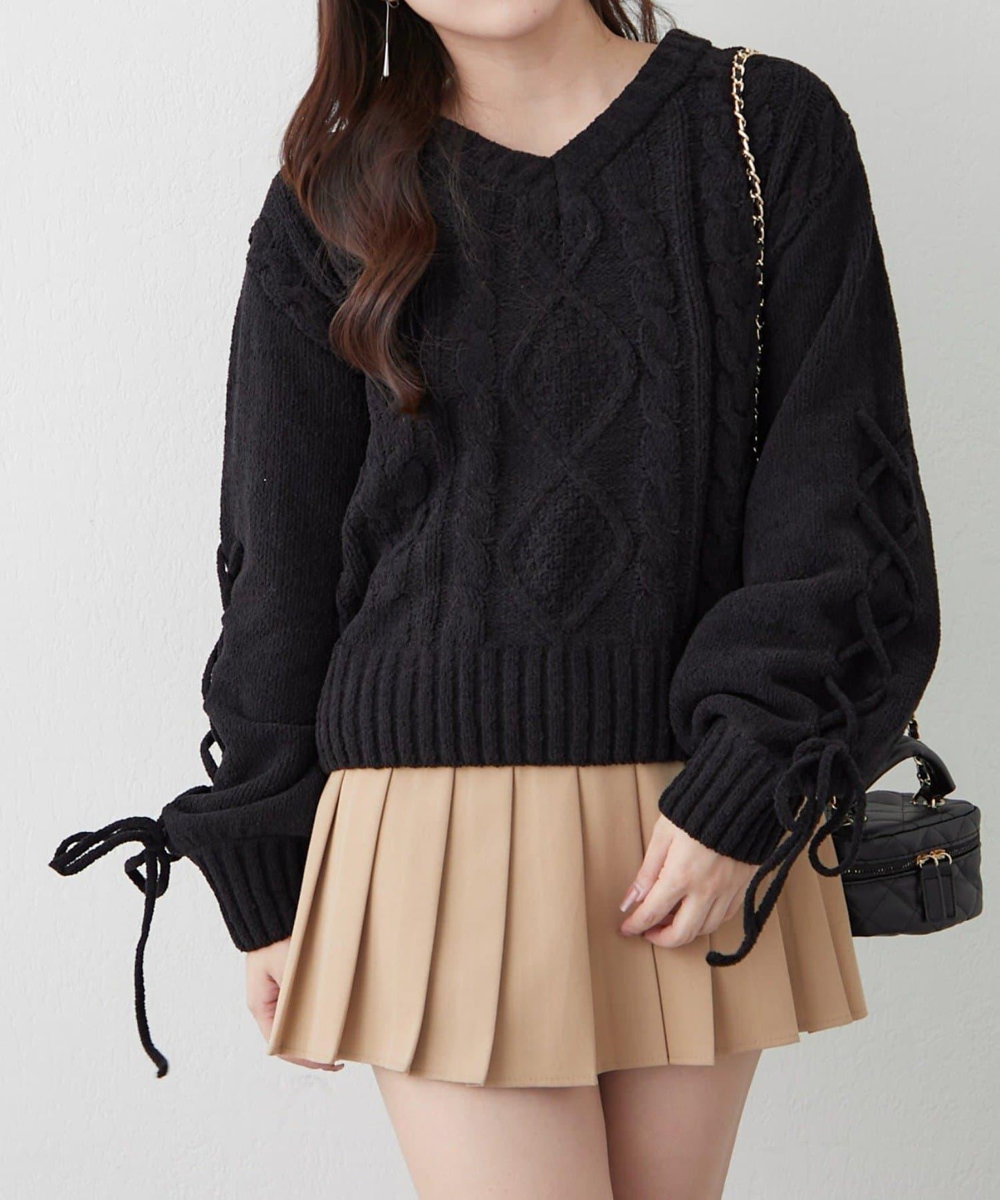 繫帶花邊麻花針織衫