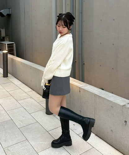 繫帶花邊麻花針織衫