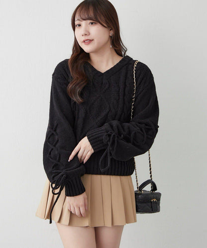 繫帶花邊麻花針織衫