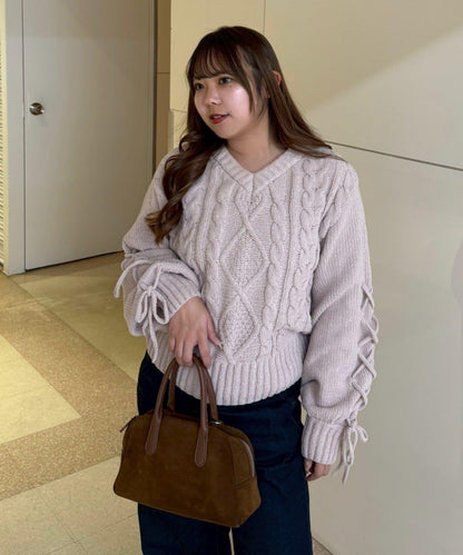 繫帶花邊麻花針織衫