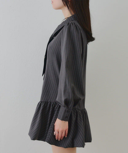 帶領帶下襬泡泡袖迷你連衣裙