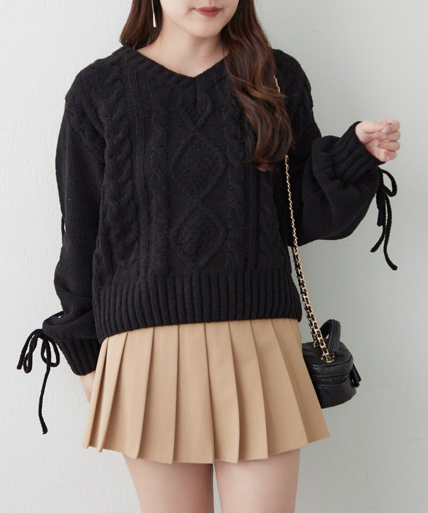 繫帶花邊麻花針織衫