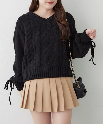 繫帶花邊麻花針織衫