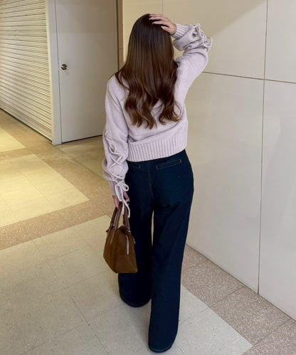 繫帶花邊麻花針織衫