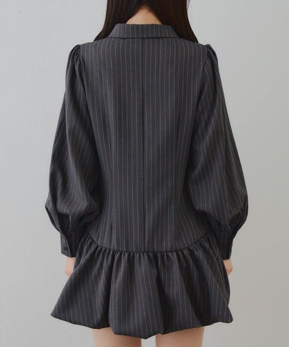 帶領帶下襬泡泡袖迷你連衣裙