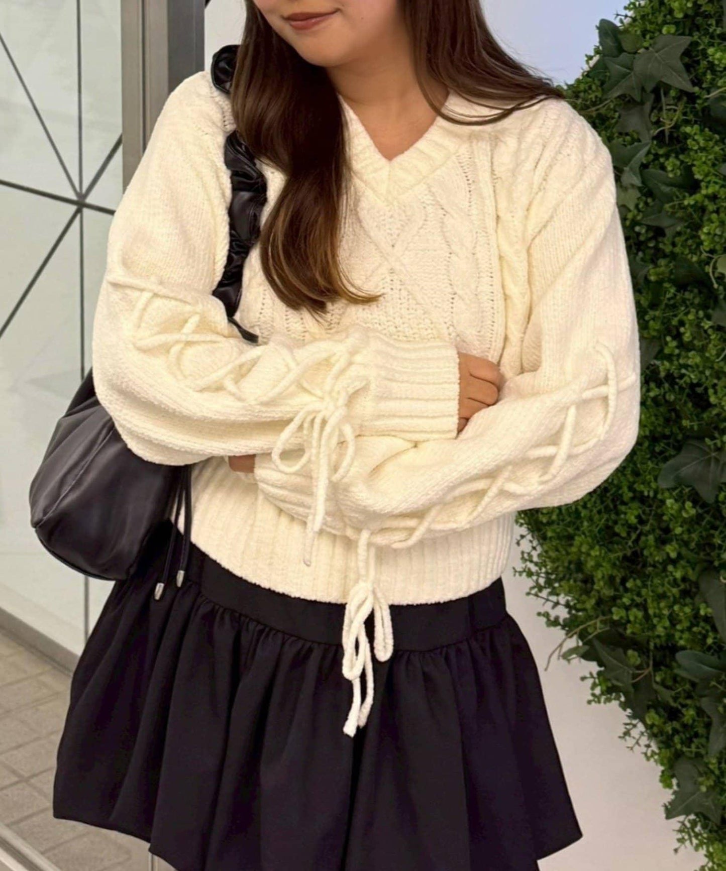 繫帶花邊麻花針織衫