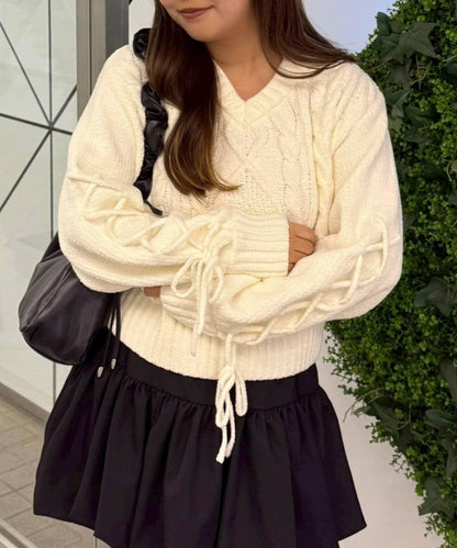 繫帶花邊麻花針織衫