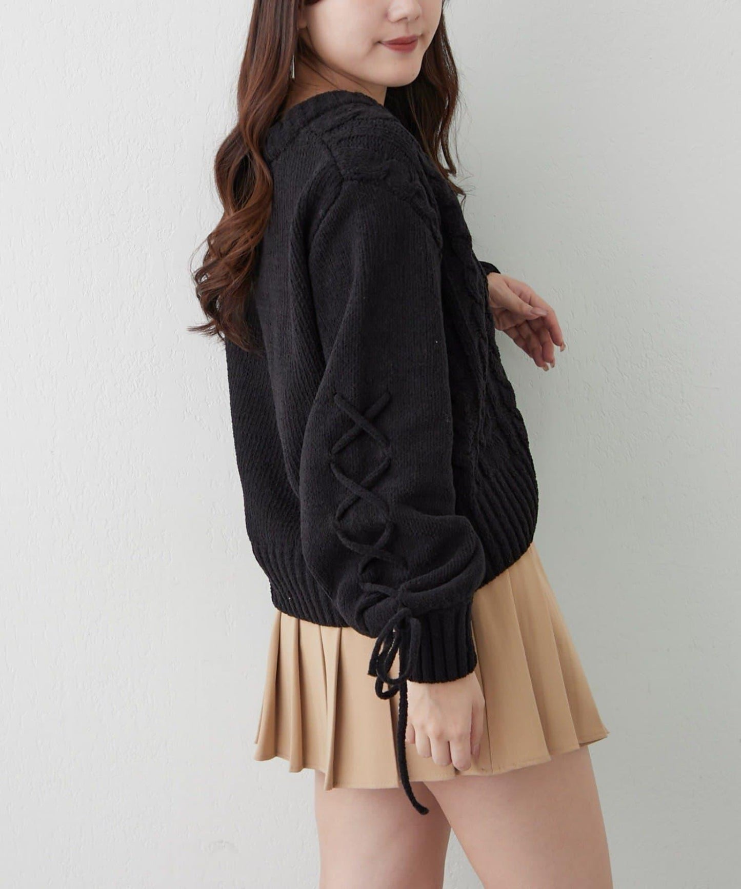 繫帶花邊麻花針織衫