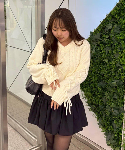 繫帶花邊麻花針織衫