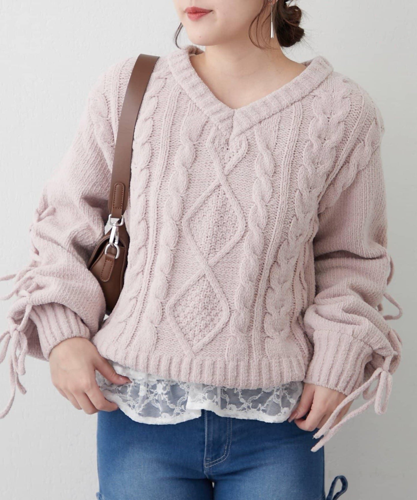 繫帶花邊麻花針織衫