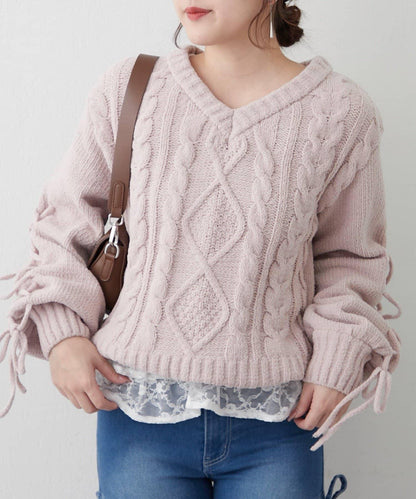 繫帶花邊麻花針織衫