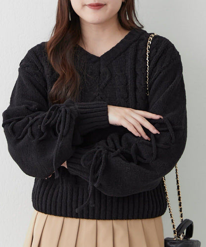 繫帶花邊麻花針織衫