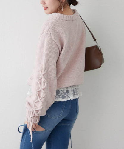繫帶花邊麻花針織衫