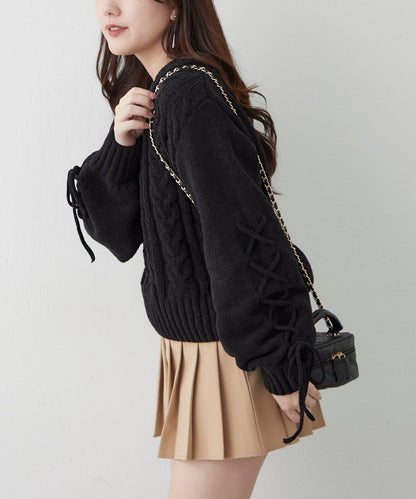 繫帶花邊麻花針織衫