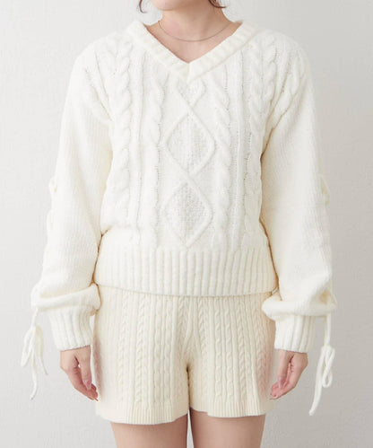 繫帶花邊麻花針織衫