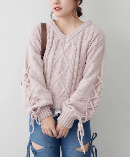 繫帶花邊麻花針織衫