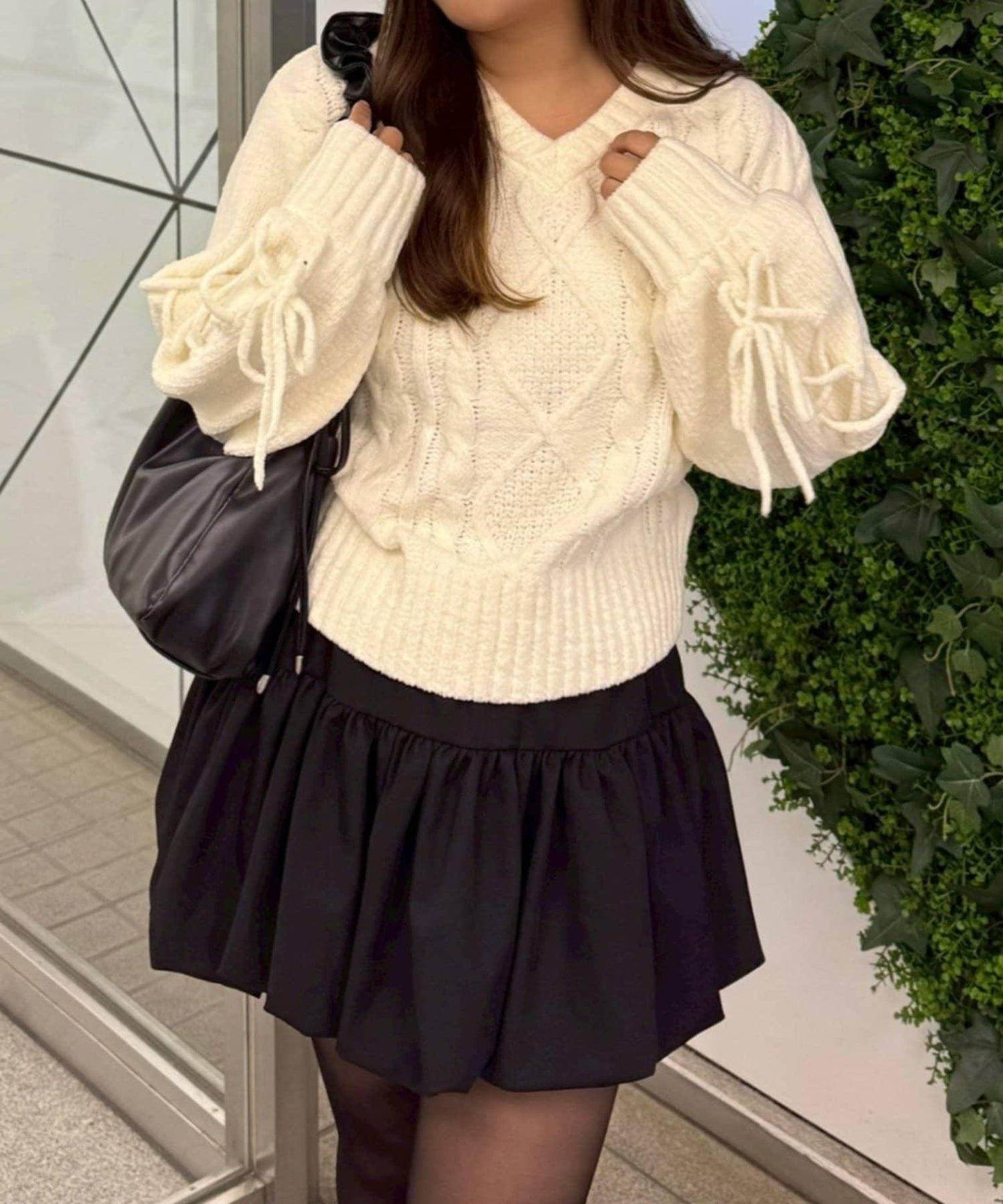 繫帶花邊麻花針織衫