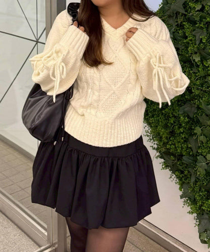 繫帶花邊麻花針織衫