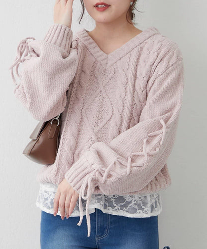 繫帶花邊麻花針織衫