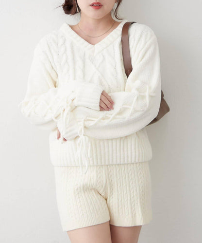 繫帶花邊麻花針織衫