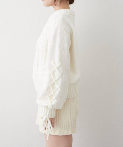 繫帶花邊麻花針織衫