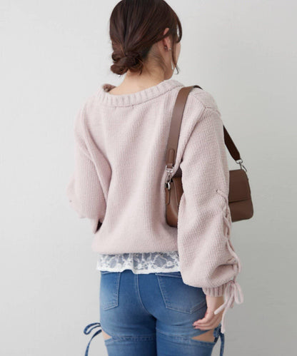 繫帶花邊麻花針織衫