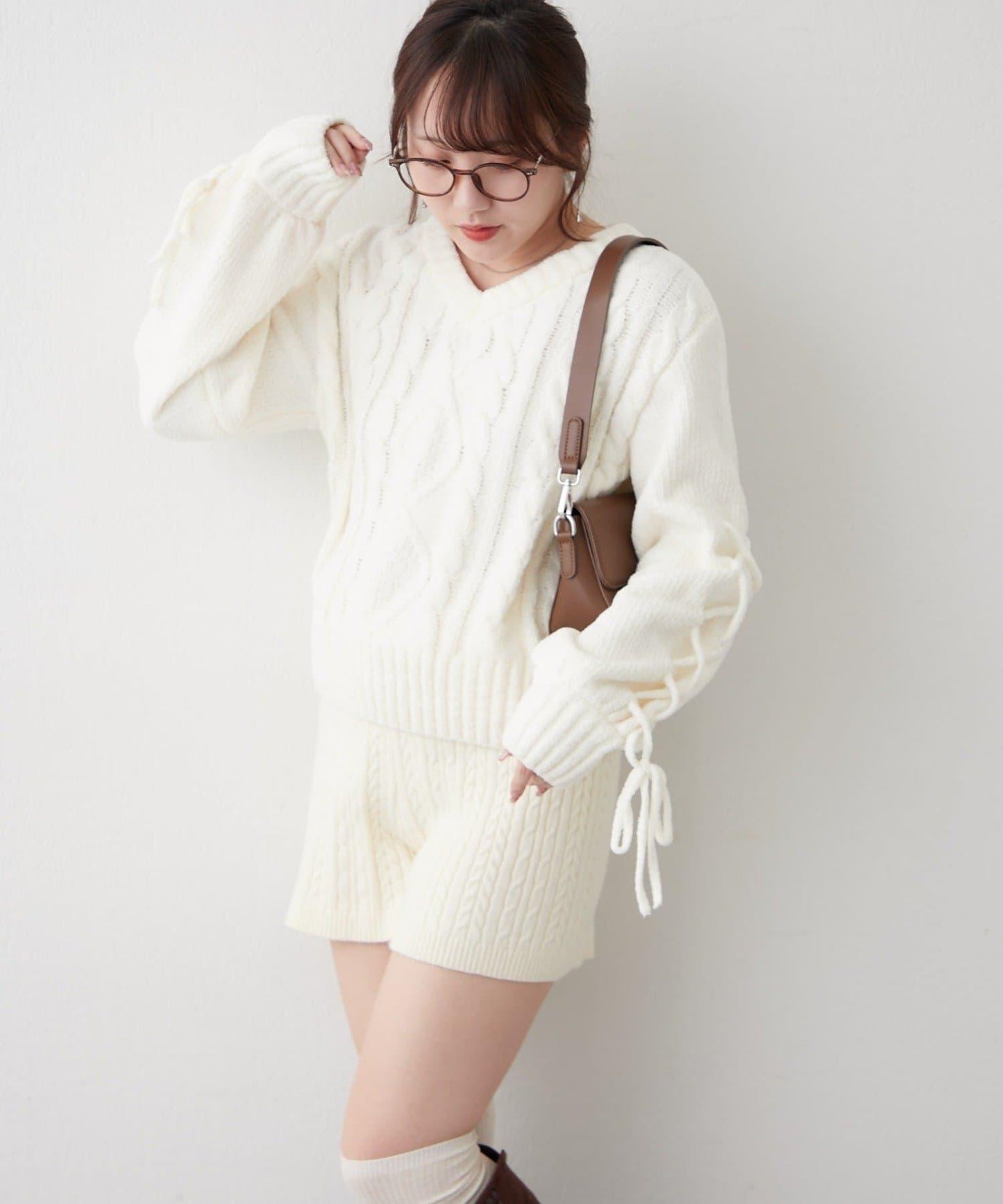 繫帶花邊麻花針織衫