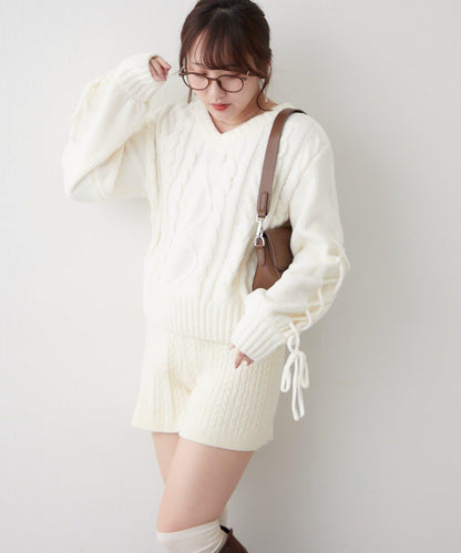 繫帶花邊麻花針織衫